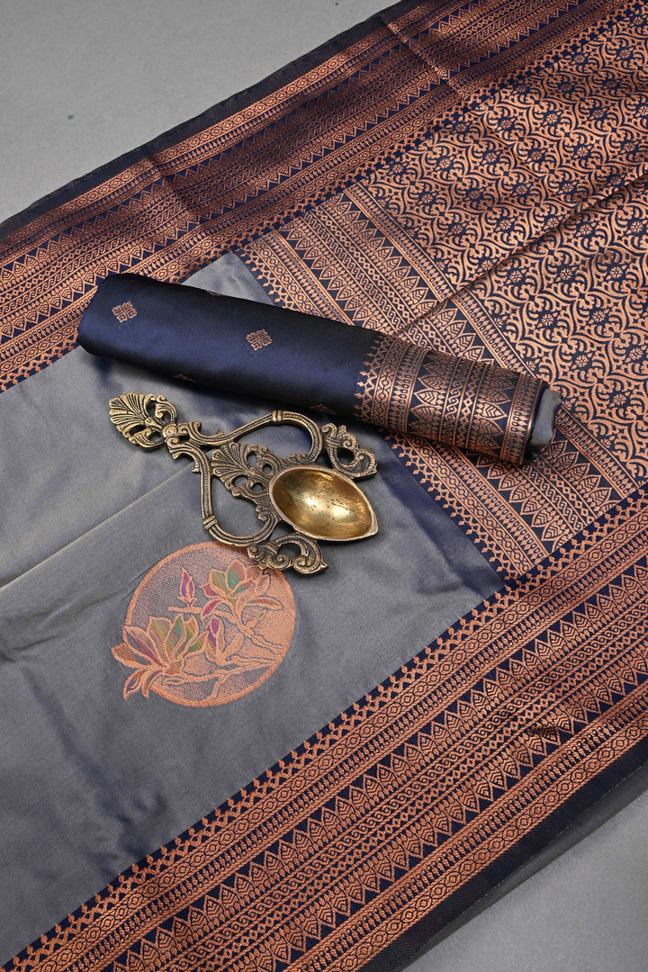 Gray-Blue Dual tone Kanchi Semi Silk Saree with Meenakari Mandala Buttas and Contrast Zari Border | SHOBITAM