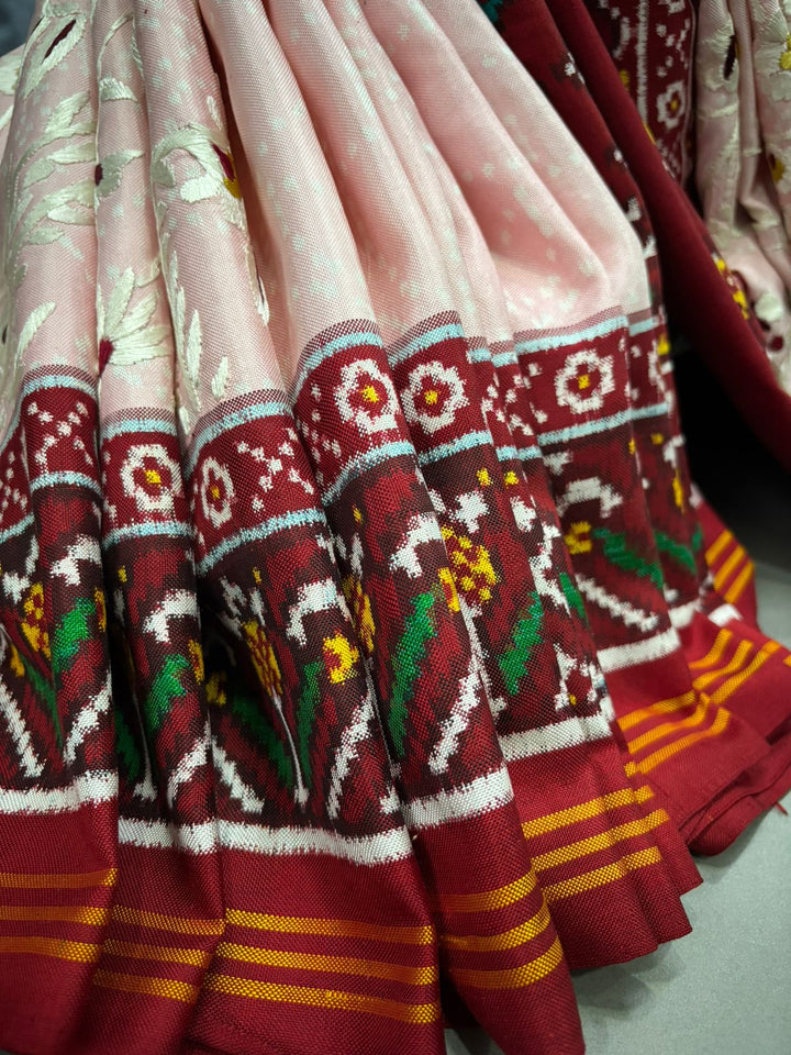 Authentic Double Ikkat Patan Patola Handwoven Saree in Blush Pink with Parsi Gara Hand Embroidery and Patli Pallu | SILK MARK CERTIFIED | SHOBITAM