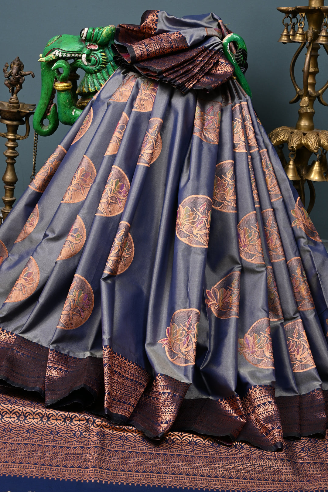 Gray-Blue Dual tone Kanchi Semi Silk Saree with Meenakari Mandala Buttas and Contrast Zari Border | SHOBITAM