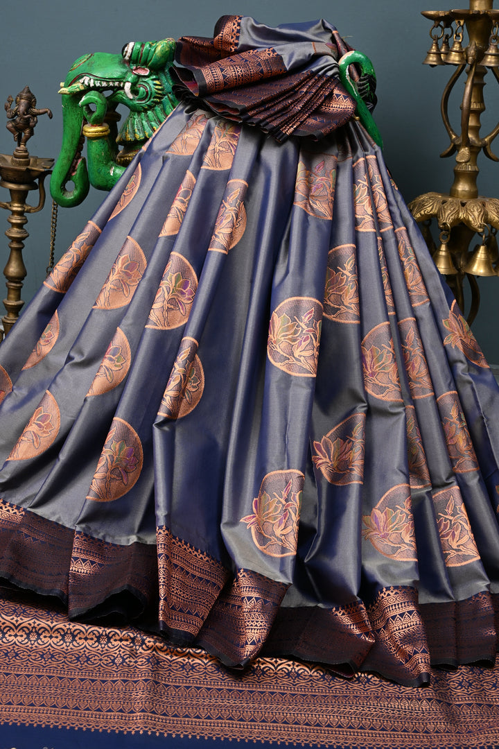 Gray-Blue Dual tone Kanchi Semi Silk Saree with Meenakari Mandala Buttas and Contrast Zari Border | SHOBITAM