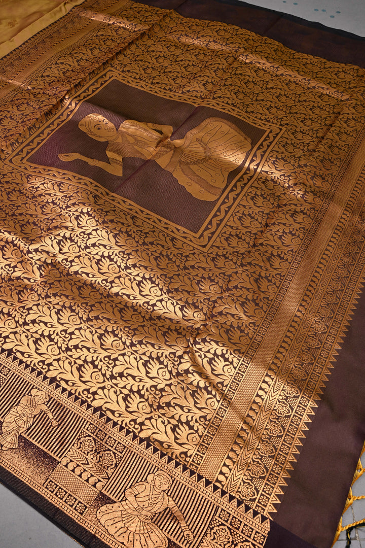 Camel Brown Kanchi Semi Silk Saree with Zari Buttas and Contrast Zari Border | SHOBITAM