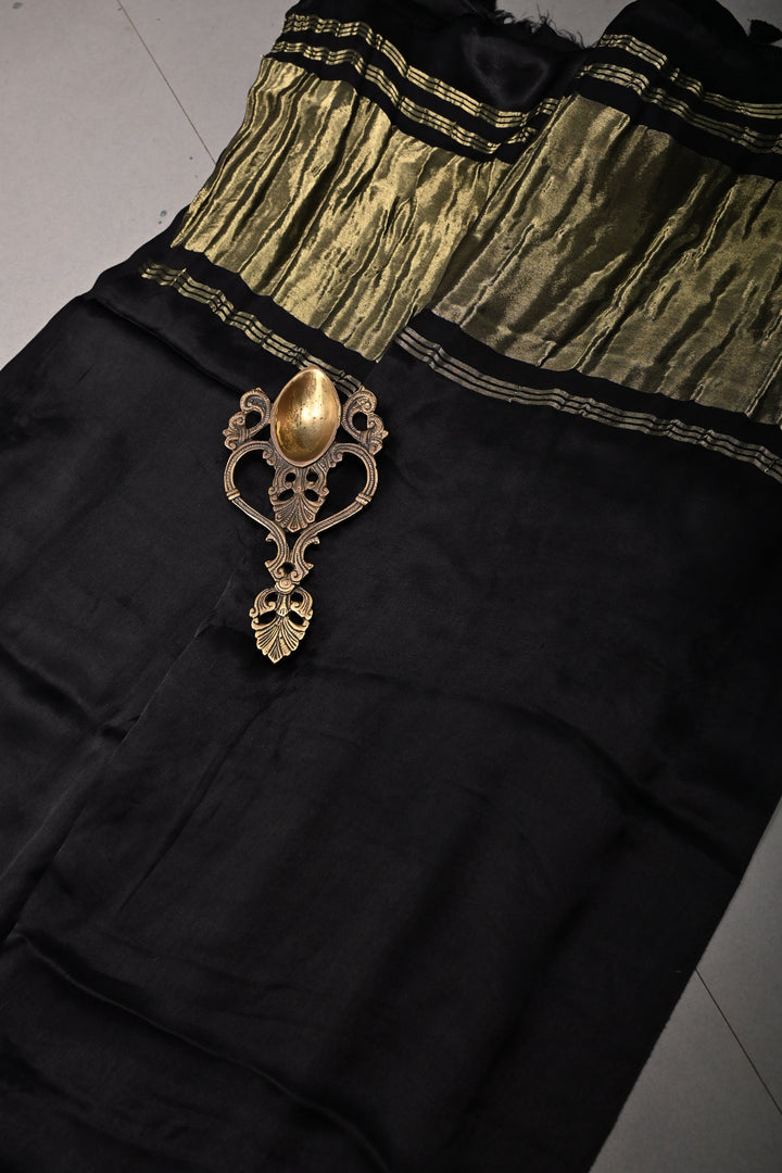 Black Borderless Modal Silk Saree with Lagda Patta Crushed Pallu | SHOBITAM