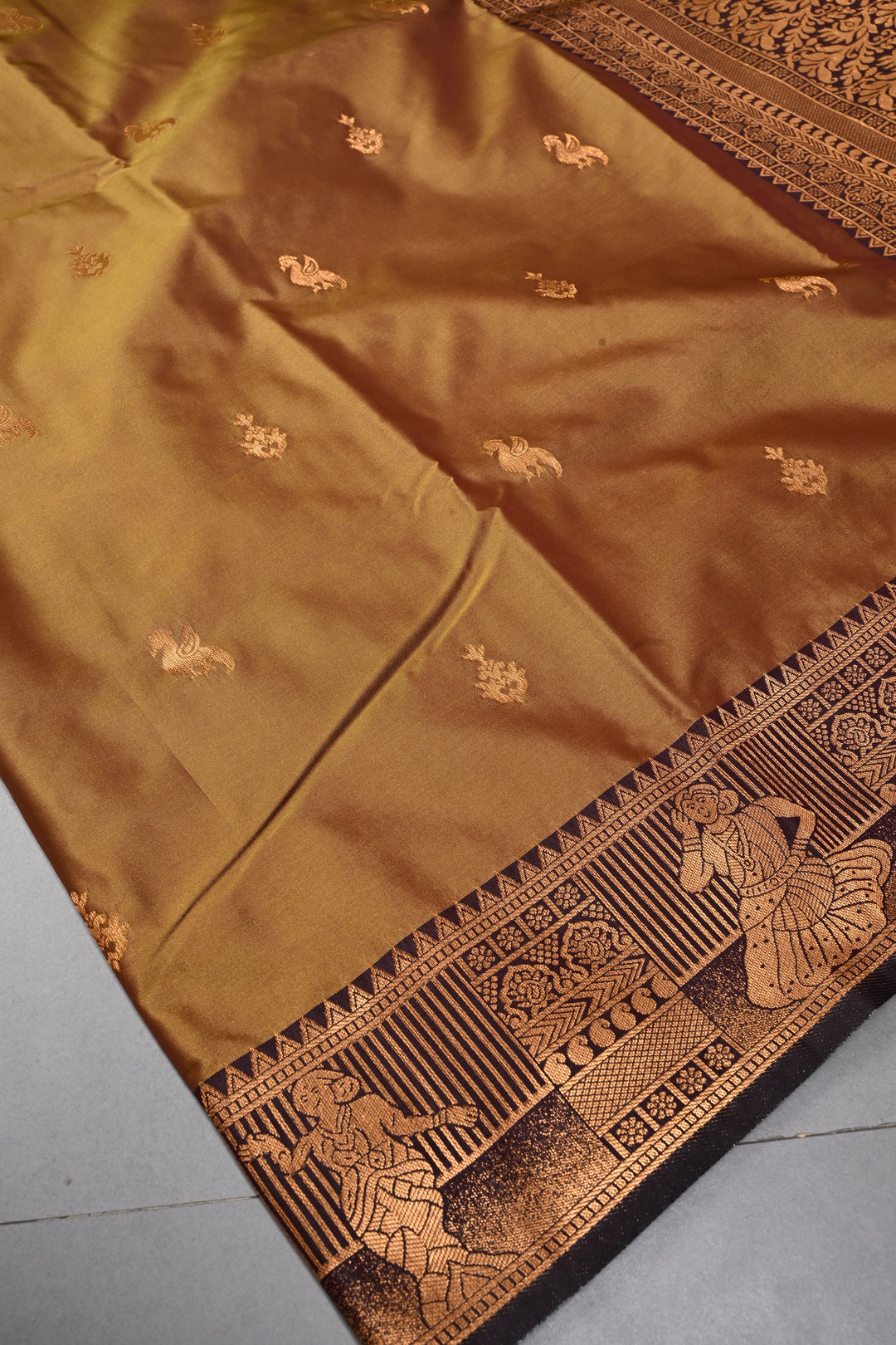Camel Brown Kanchi Semi Silk Saree with Zari Buttas and Contrast Zari Border | SHOBITAM