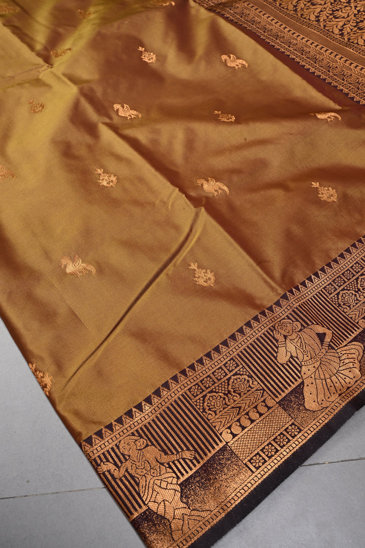 Camel Brown Kanchi Semi Silk Saree with Zari Buttas and Contrast Zari Border | SHOBITAM