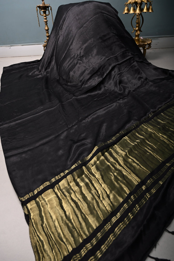 Black Borderless Modal Silk Saree with Lagda Patta Crushed Pallu | SHOBITAM