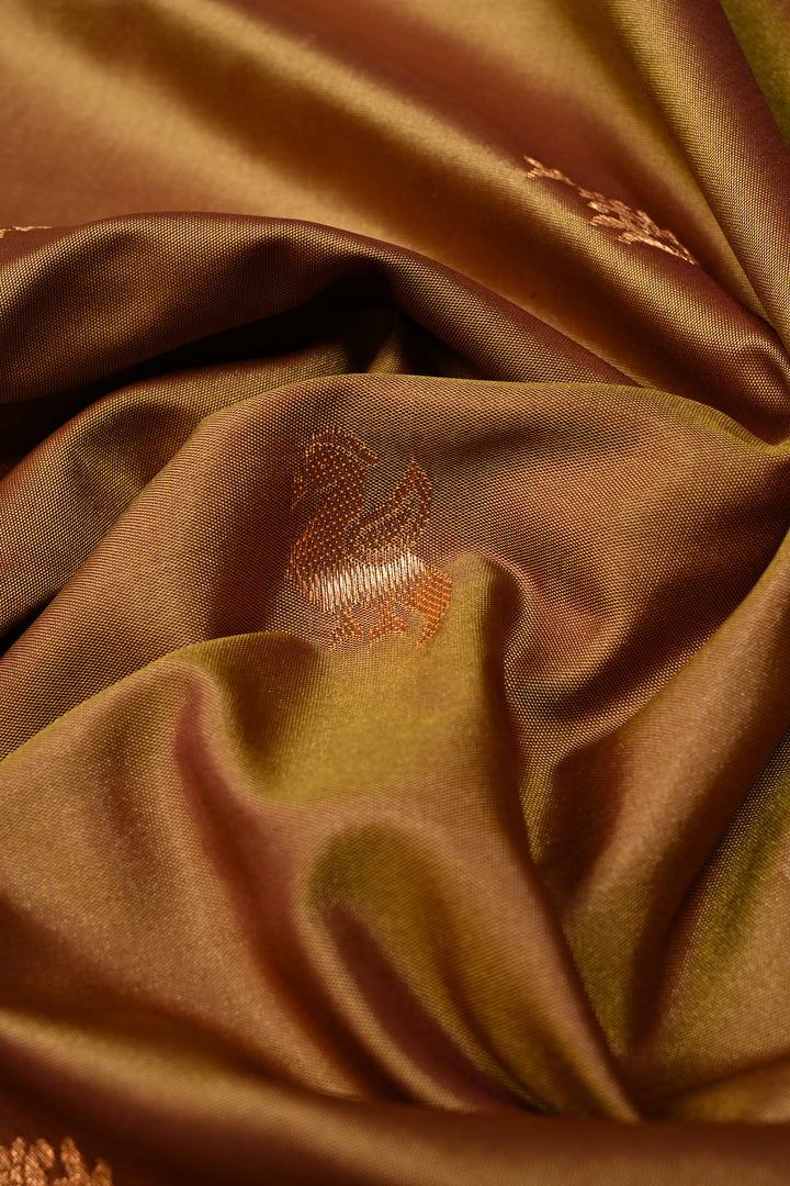 Camel Brown Kanchi Semi Silk Saree with Zari Buttas and Contrast Zari Border | SHOBITAM