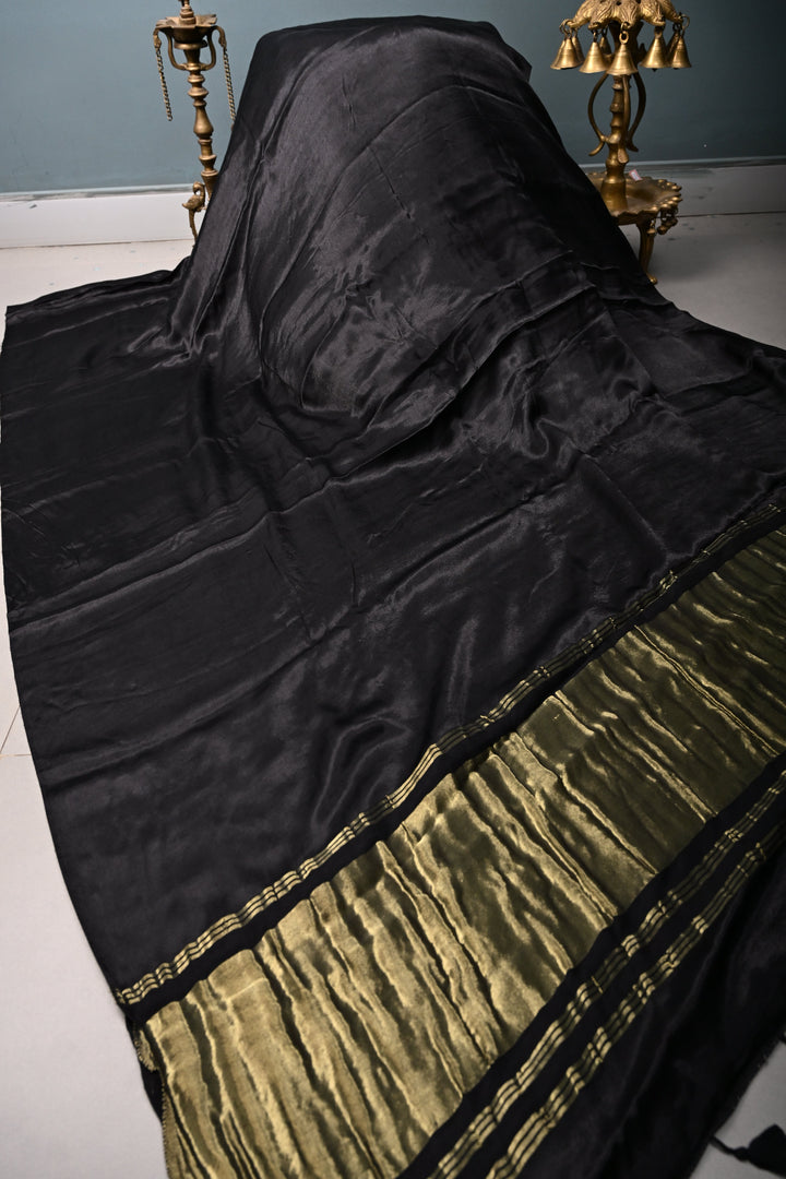 Black Borderless Modal Silk Saree with Lagda Patta Crushed Pallu | SHOBITAM