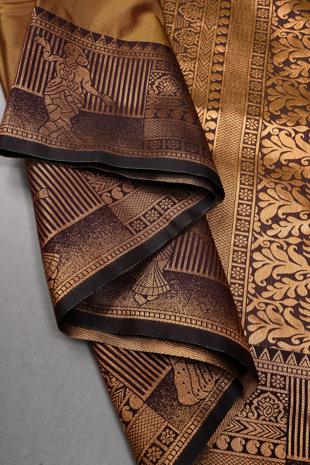 Camel Brown Kanchi Semi Silk Saree with Zari Buttas and Contrast Zari Border | SHOBITAM