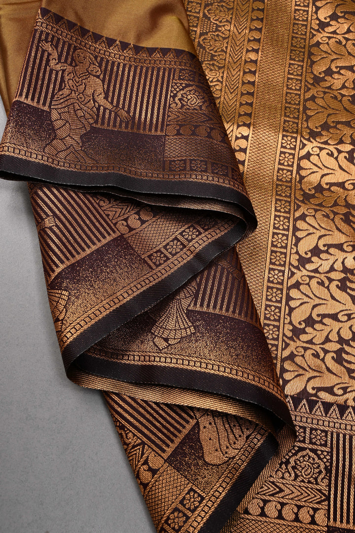 Camel Brown Kanchi Semi Silk Saree with Zari Buttas and Contrast Zari Border | SHOBITAM