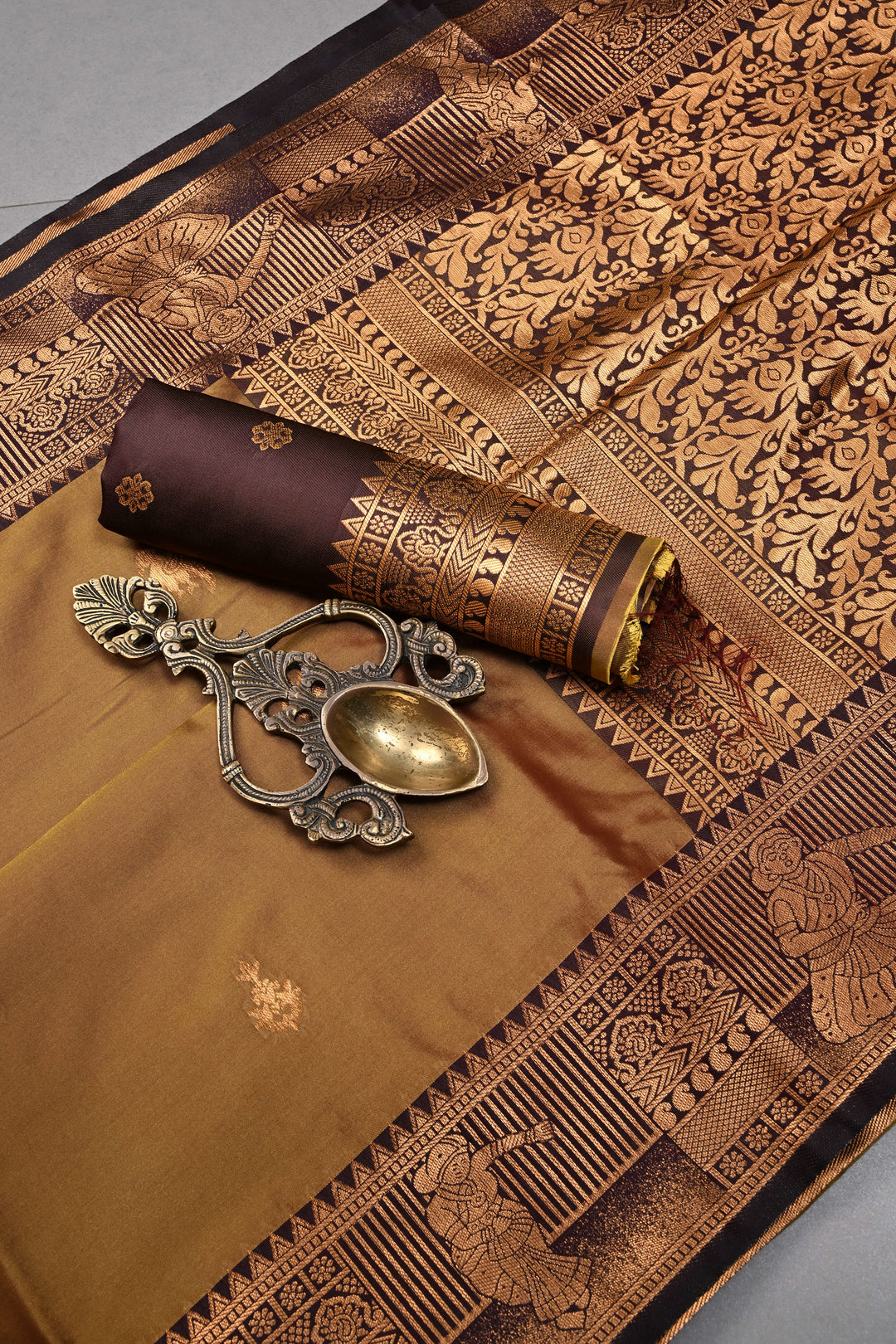Camel Brown Kanchi Semi Silk Saree with Zari Buttas and Contrast Zari Border | SHOBITAM