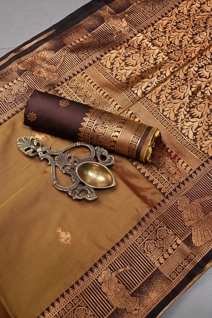 Camel Brown Kanchi Semi Silk Saree with Zari Buttas and Contrast Zari Border | SHOBITAM