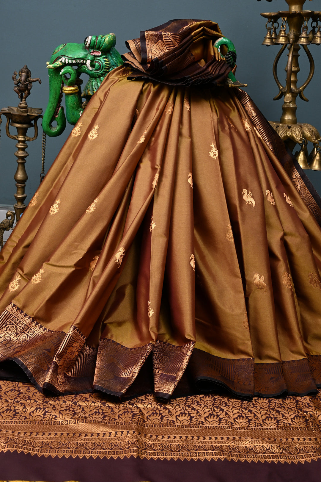 Camel Brown Kanchi Semi Silk Saree with Zari Buttas and Contrast Zari Border | SHOBITAM