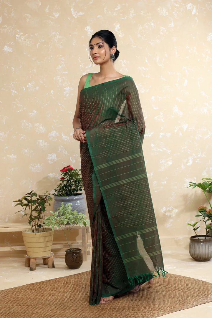 Handloom Dark Green Pure Cotton Kanchi Saree with Beige Stripes | SHOBITAM