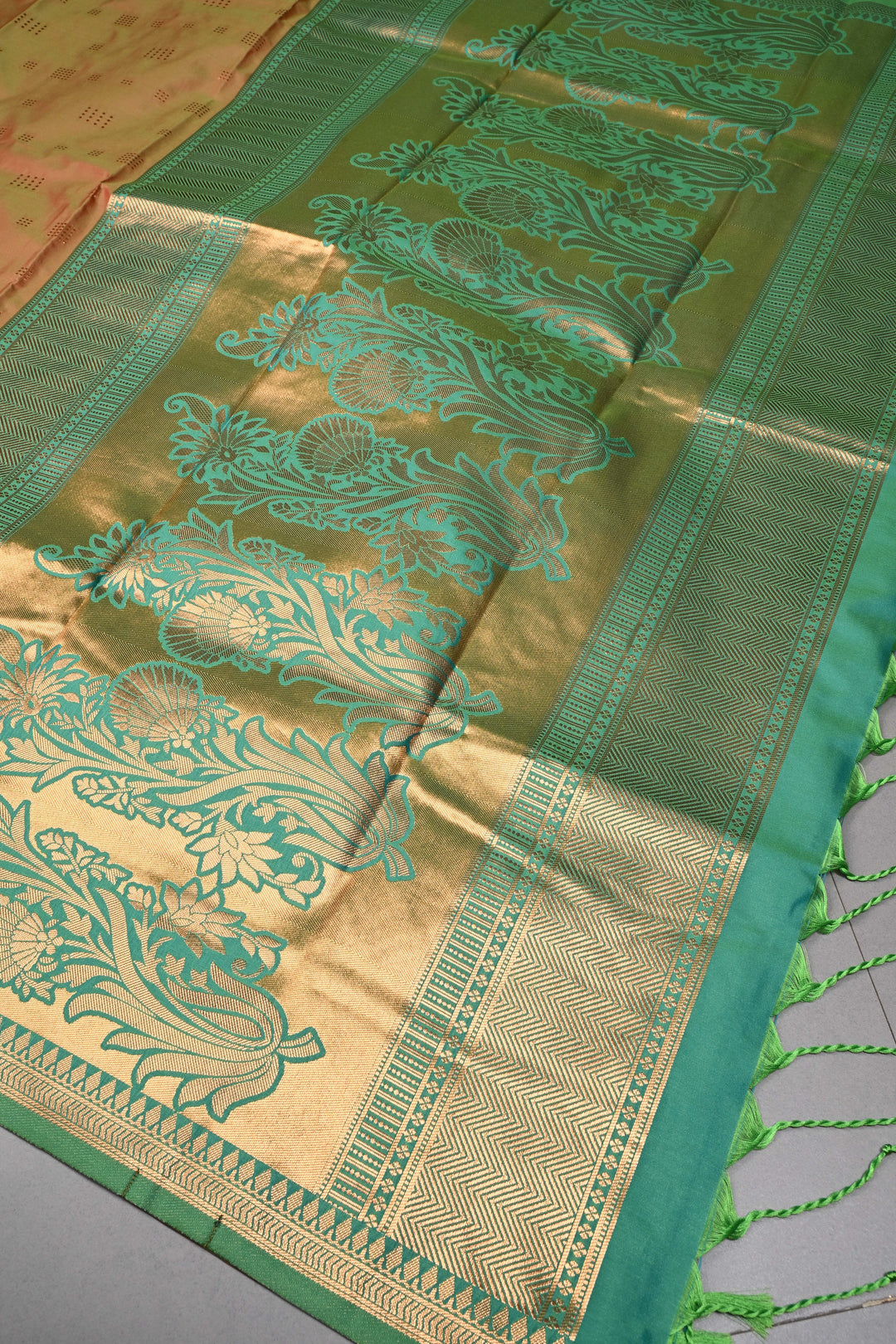 Green-Brown Dual tone Kanchi Semi Silk Saree with Zari Buttas and Mandala Motifs on Zari Border | SHOBITAM