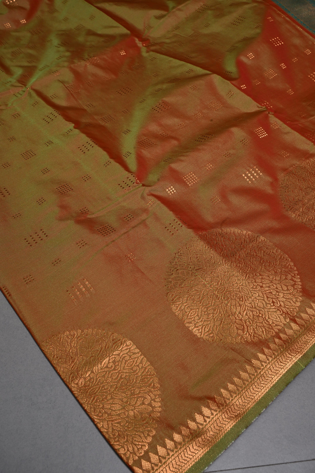 Green-Brown Dual tone Kanchi Semi Silk Saree with Zari Buttas and Mandala Motifs on Zari Border | SHOBITAM