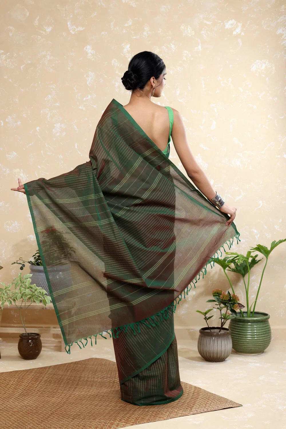 Handloom Dark Green Pure Cotton Kanchi Saree with Beige Stripes | SHOBITAM
