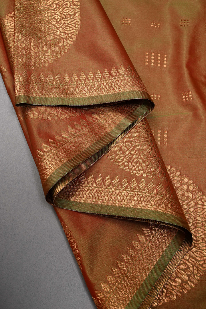 Green-Brown Dual tone Kanchi Semi Silk Saree with Zari Buttas and Mandala Motifs on Zari Border | SHOBITAM