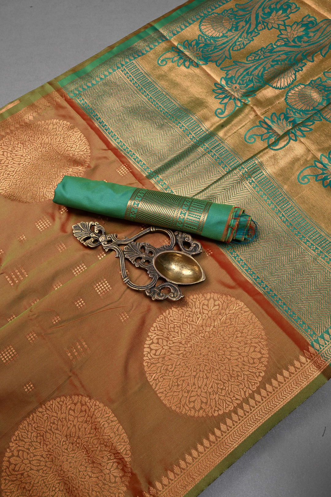 Green-Brown Dual tone Kanchi Semi Silk Saree with Zari Buttas and Mandala Motifs on Zari Border | SHOBITAM