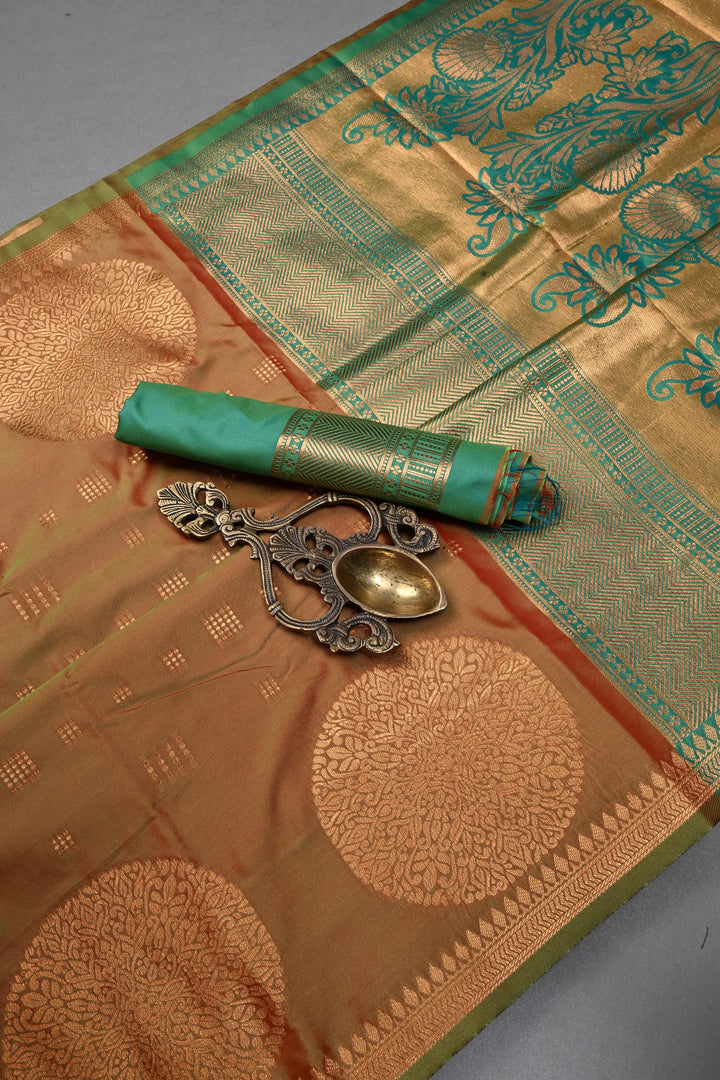 Green-Brown Dual tone Kanchi Semi Silk Saree with Zari Buttas and Mandala Motifs on Zari Border | SHOBITAM