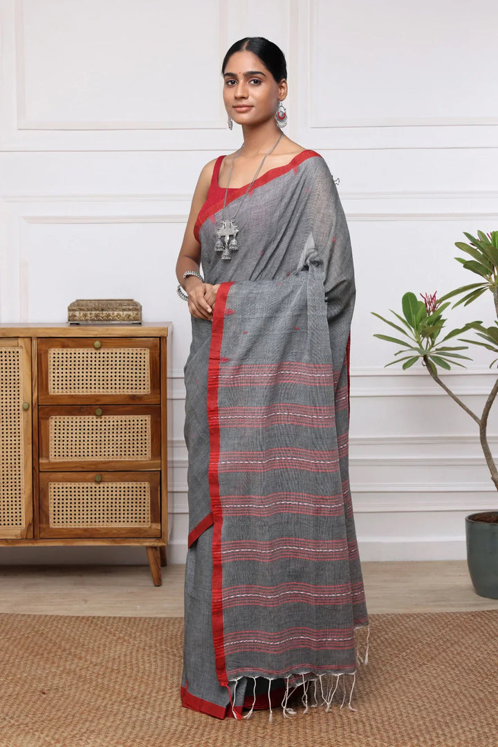 Handloom Grey Mul Cotton Jamdani Saree with Red Border | SHOBITAM