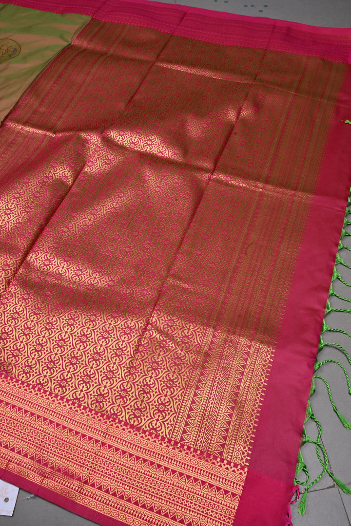 Green Dual tone Kanchi Semi Silk Saree with Meenakari Mandala Buttas and Contrast Zari Border | SHOBITAM