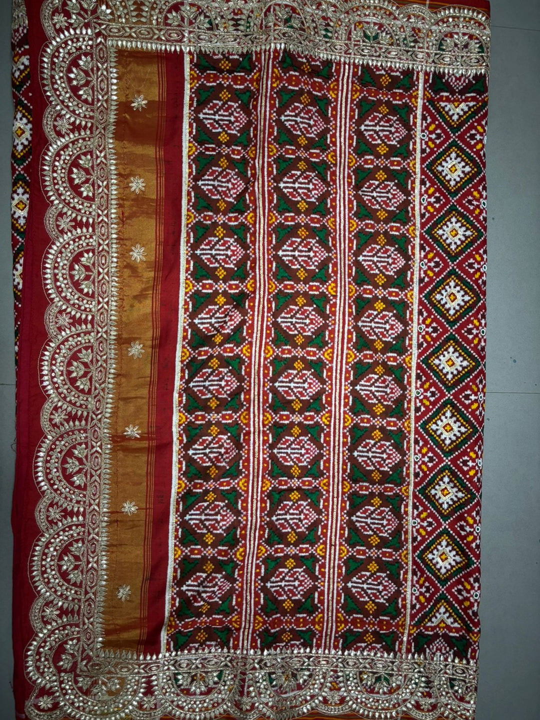 Authentic Patan Patola Double Ikkat Pure Silk Handwork Saree in Red Pallu Both Side and Gotta Patti Scallop Border | SILK MARK CERTIFIED | SHOBITAM