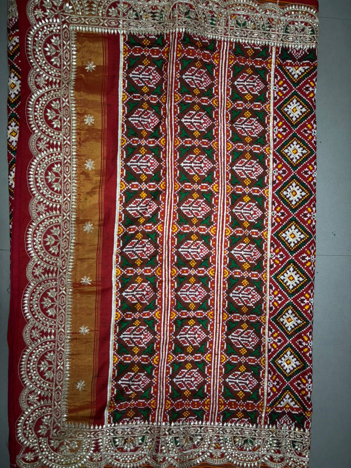 Authentic Patan Patola Double Ikkat Pure Silk Handwork Saree in Red Pallu Both Side and Gotta Patti Scallop Border | SILK MARK CERTIFIED | SHOBITAM