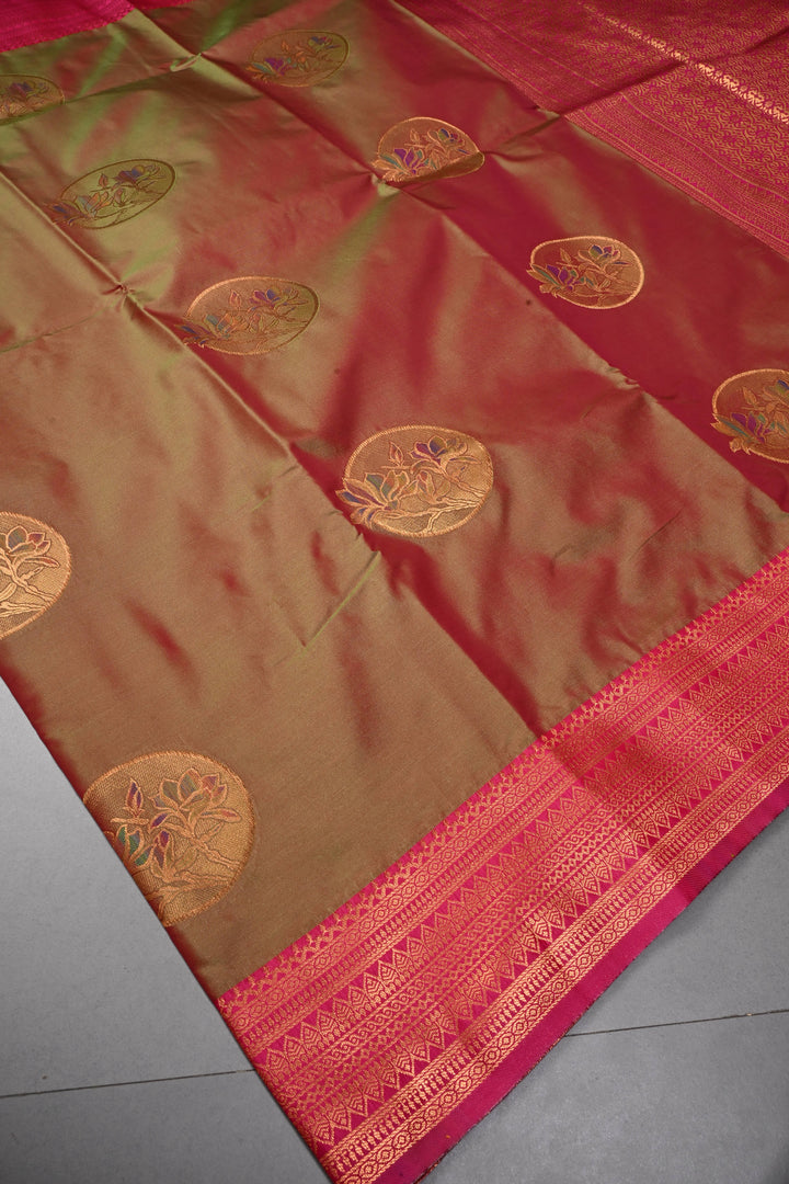 Green Dual tone Kanchi Semi Silk Saree with Meenakari Mandala Buttas and Contrast Zari Border | SHOBITAM
