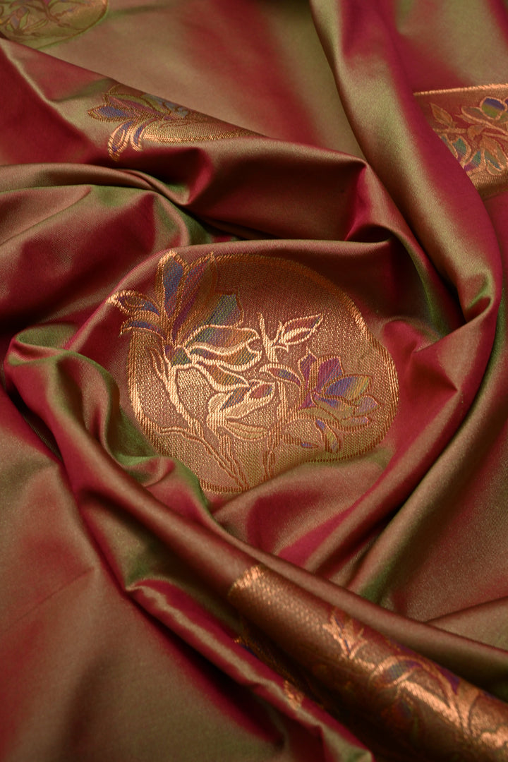 Green Dual tone Kanchi Semi Silk Saree with Meenakari Mandala Buttas and Contrast Zari Border | SHOBITAM