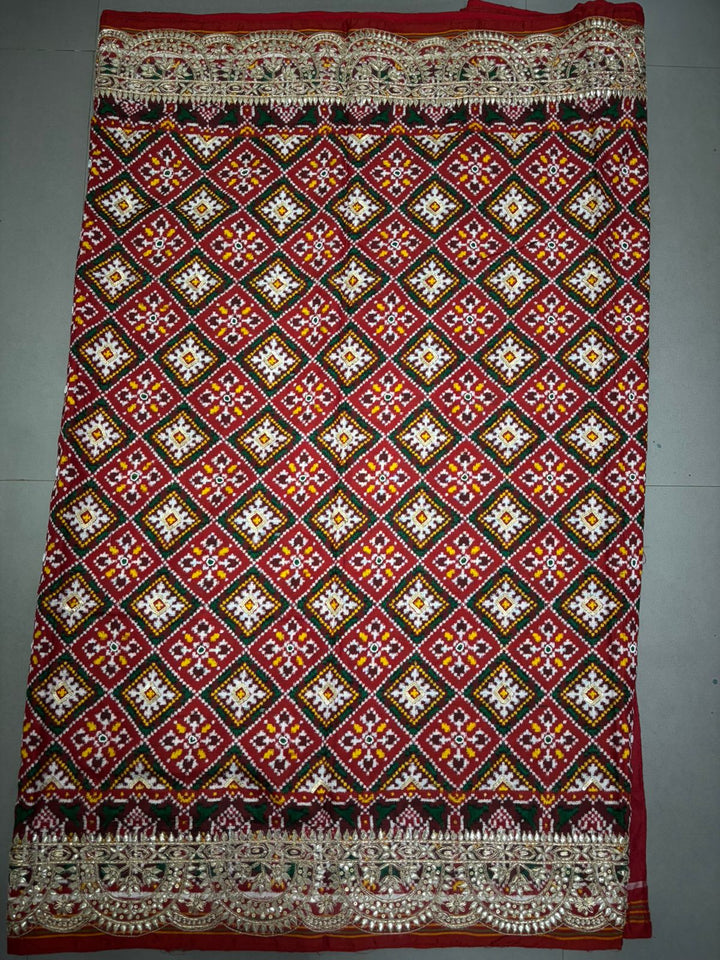 Authentic Patan Patola Double Ikkat Pure Silk Handwork Saree in Red Pallu Both Side and Gotta Patti Scallop Border | SILK MARK CERTIFIED | SHOBITAM