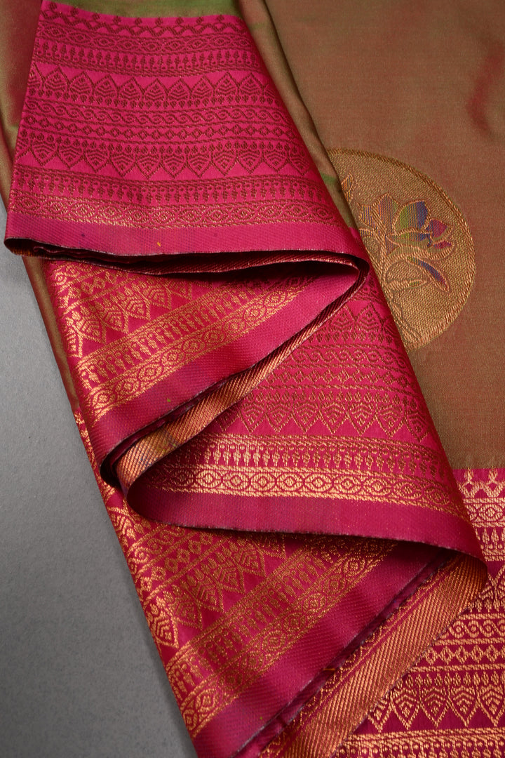 Green Dual tone Kanchi Semi Silk Saree with Meenakari Mandala Buttas and Contrast Zari Border | SHOBITAM