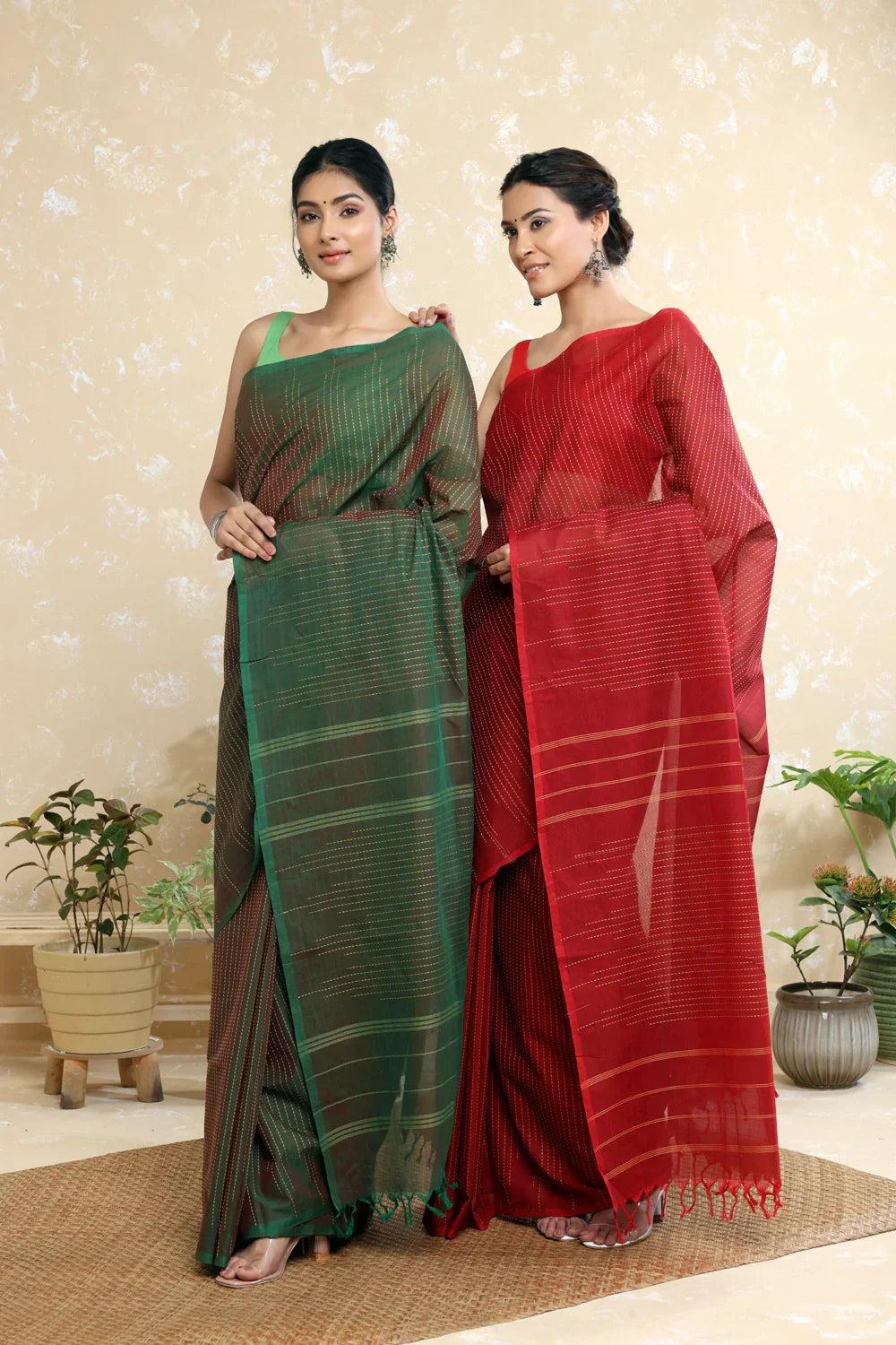 Handloom Dark Green Pure Cotton Kanchi Saree with Beige Stripes | SHOBITAM