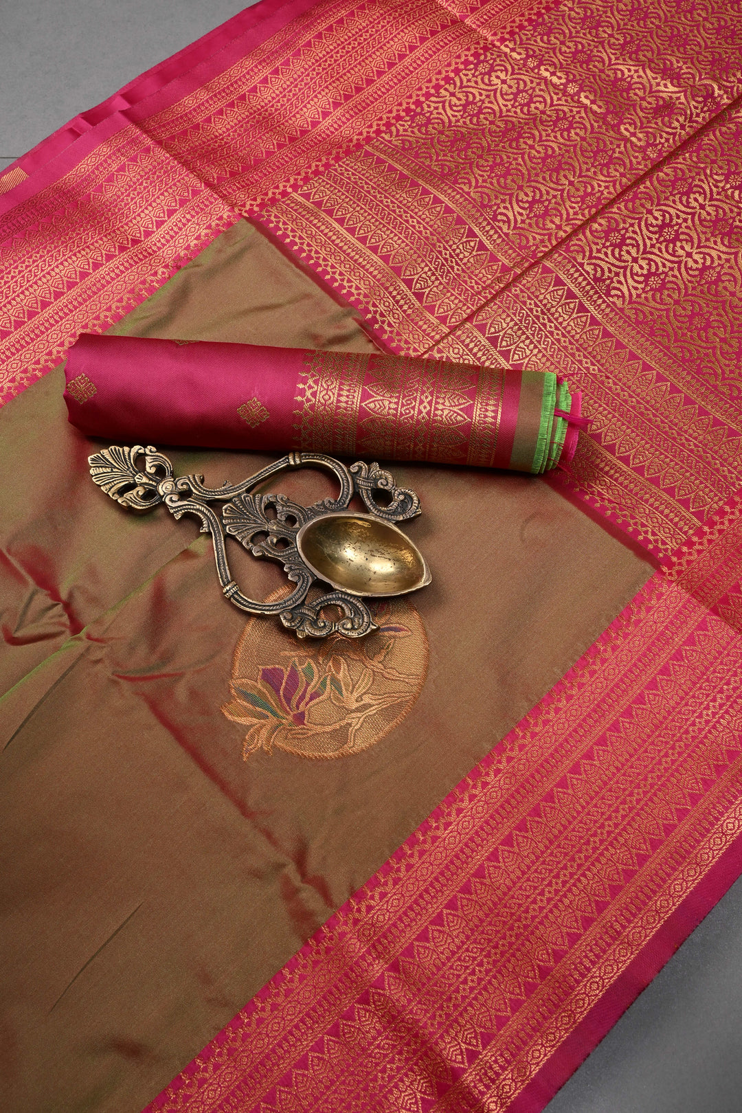Green Dual tone Kanchi Semi Silk Saree with Meenakari Mandala Buttas and Contrast Zari Border | SHOBITAM