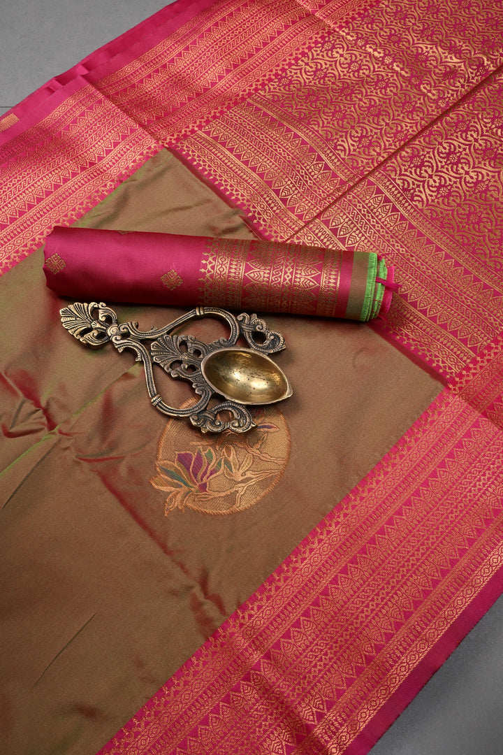 Green Dual tone Kanchi Semi Silk Saree with Meenakari Mandala Buttas and Contrast Zari Border | SHOBITAM