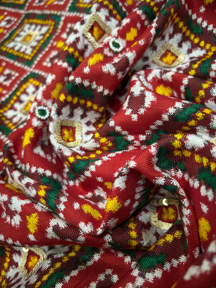 Authentic Patan Patola Double Ikkat Pure Silk Handwork Saree in Red Pallu Both Side and Gotta Patti Scallop Border | SILK MARK CERTIFIED | SHOBITAM