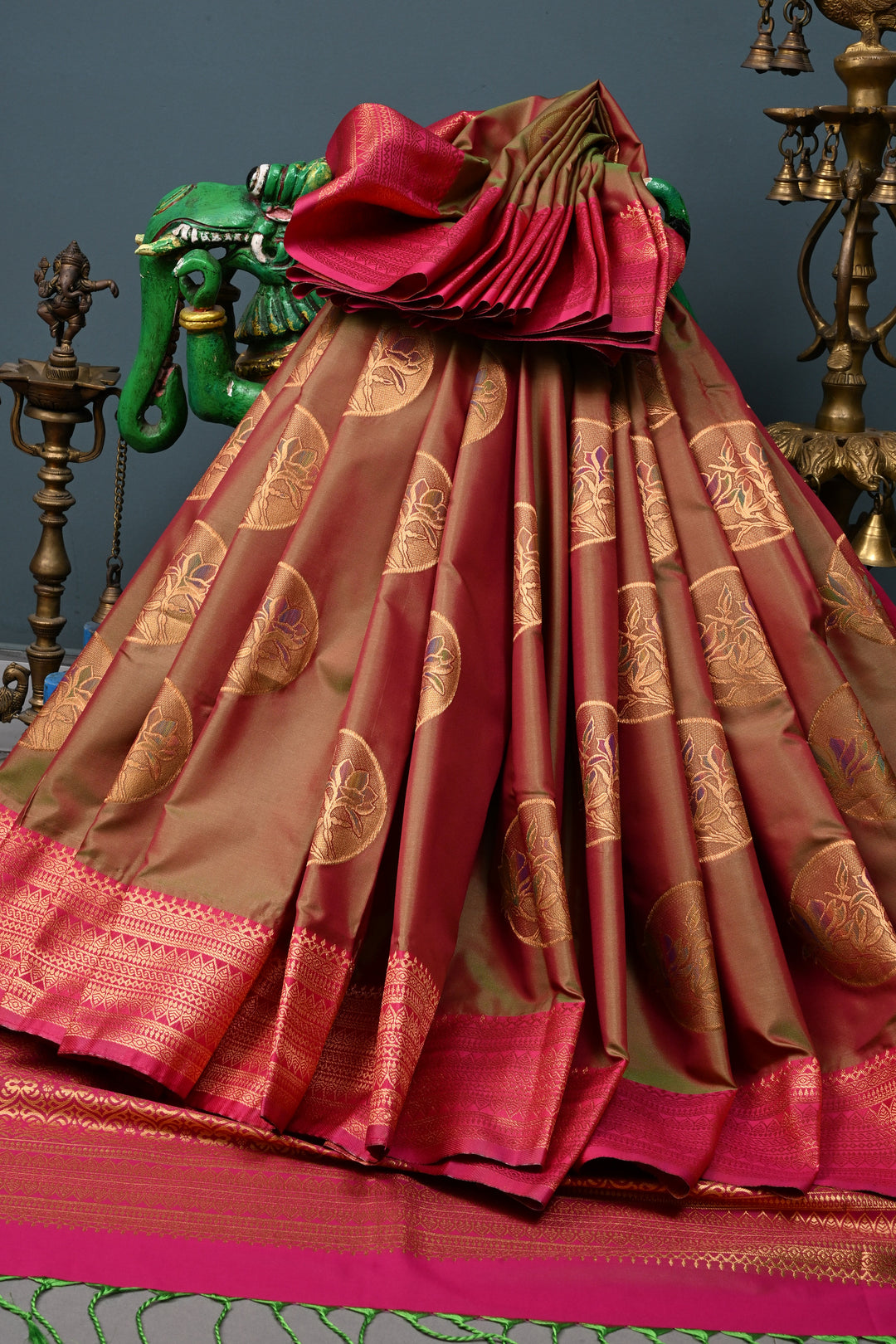 Green Dual tone Kanchi Semi Silk Saree with Meenakari Mandala Buttas and Contrast Zari Border | SHOBITAM