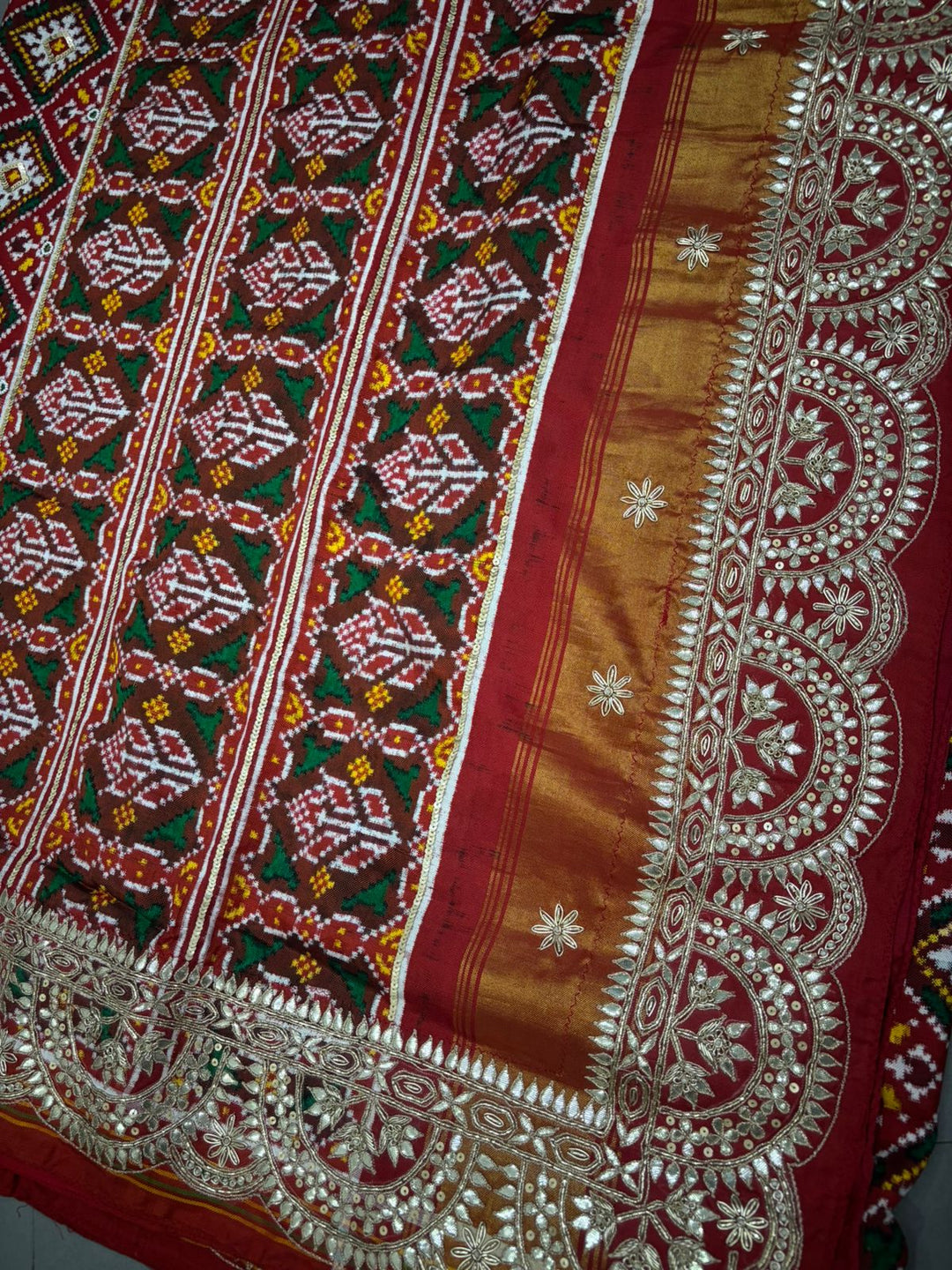 Authentic Patan Patola Double Ikkat Pure Silk Handwork Saree in Red Pallu Both Side and Gotta Patti Scallop Border | SILK MARK CERTIFIED | SHOBITAM