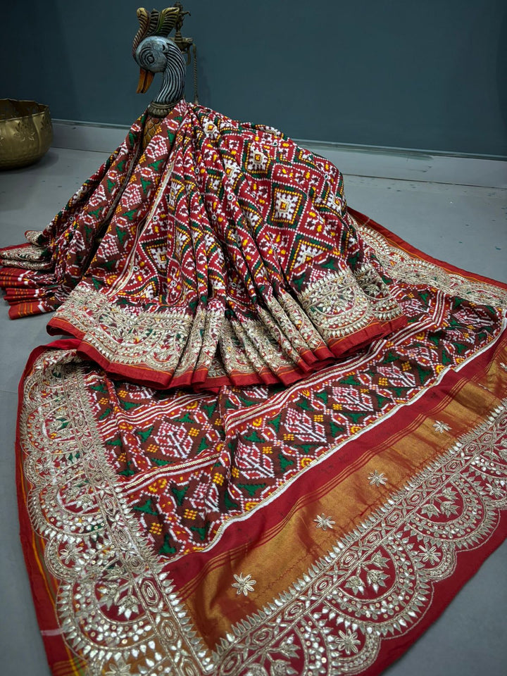 Authentic Patan Patola Double Ikkat Pure Silk Handwork Saree in Red Pallu Both Side and Gotta Patti Scallop Border | SILK MARK CERTIFIED | SHOBITAM