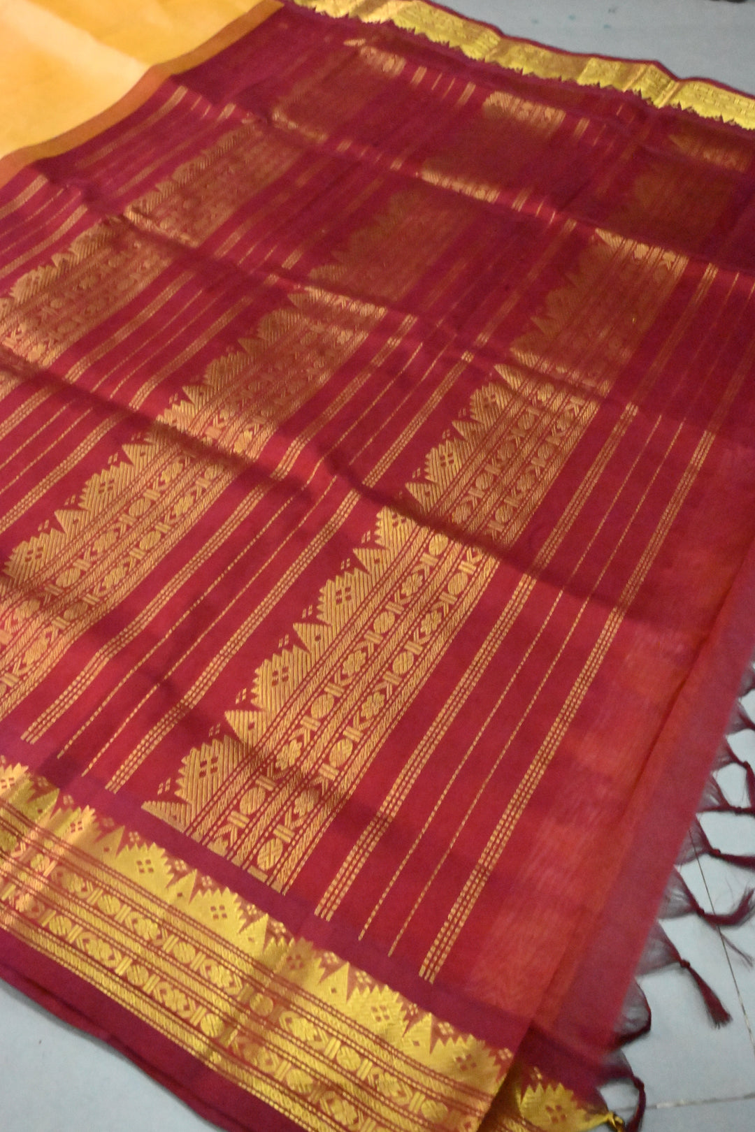 Mustard Yellow Korvai Kanchi Silk Cotton Handloom Saree with Checks Pattern and Contrast Zari Border