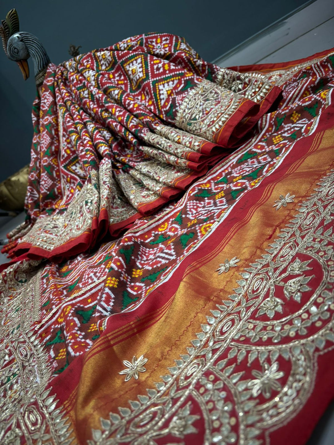 Authentic Patan Patola Double Ikkat Pure Silk Handwork Saree in Red Pallu Both Side and Gotta Patti Scallop Border | SILK MARK CERTIFIED | SHOBITAM