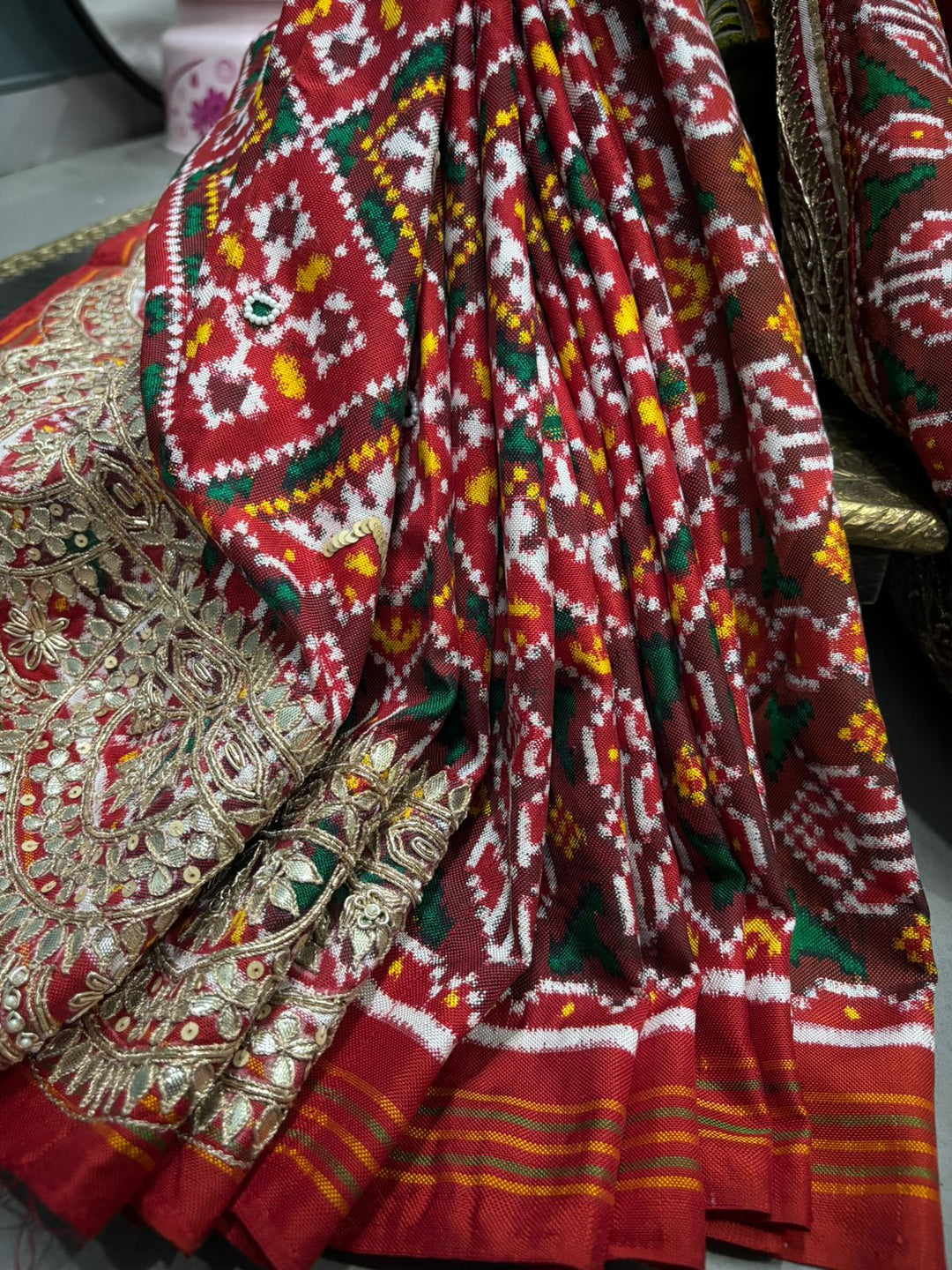 Authentic Patan Patola Double Ikkat Pure Silk Handwork Saree in Red Pallu Both Side and Gotta Patti Scallop Border | SILK MARK CERTIFIED | SHOBITAM