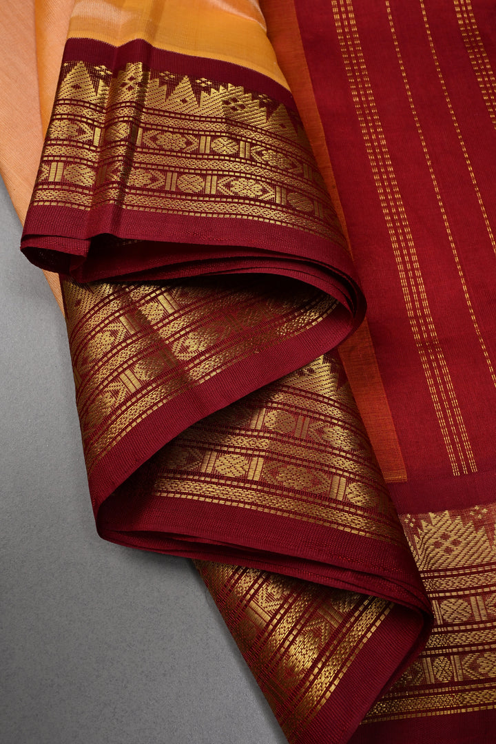 Mustard Yellow Korvai Kanchi Silk Cotton Handloom Saree with Checks Pattern and Contrast Zari Border