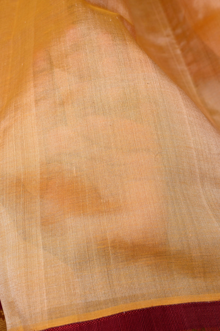 Mustard Yellow Korvai Kanchi Silk Cotton Handloom Saree with Checks Pattern and Contrast Zari Border