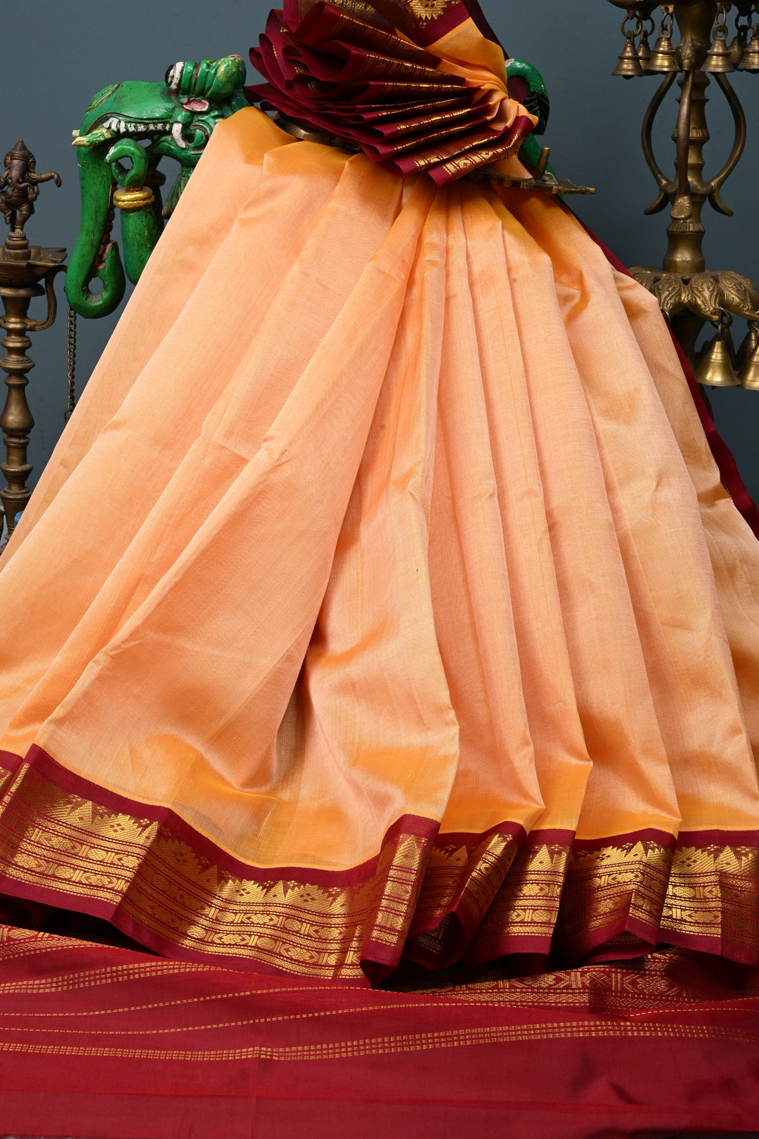 Mustard Yellow Korvai Kanchi Silk Cotton Handloom Saree with Checks Pattern and Contrast Zari Border