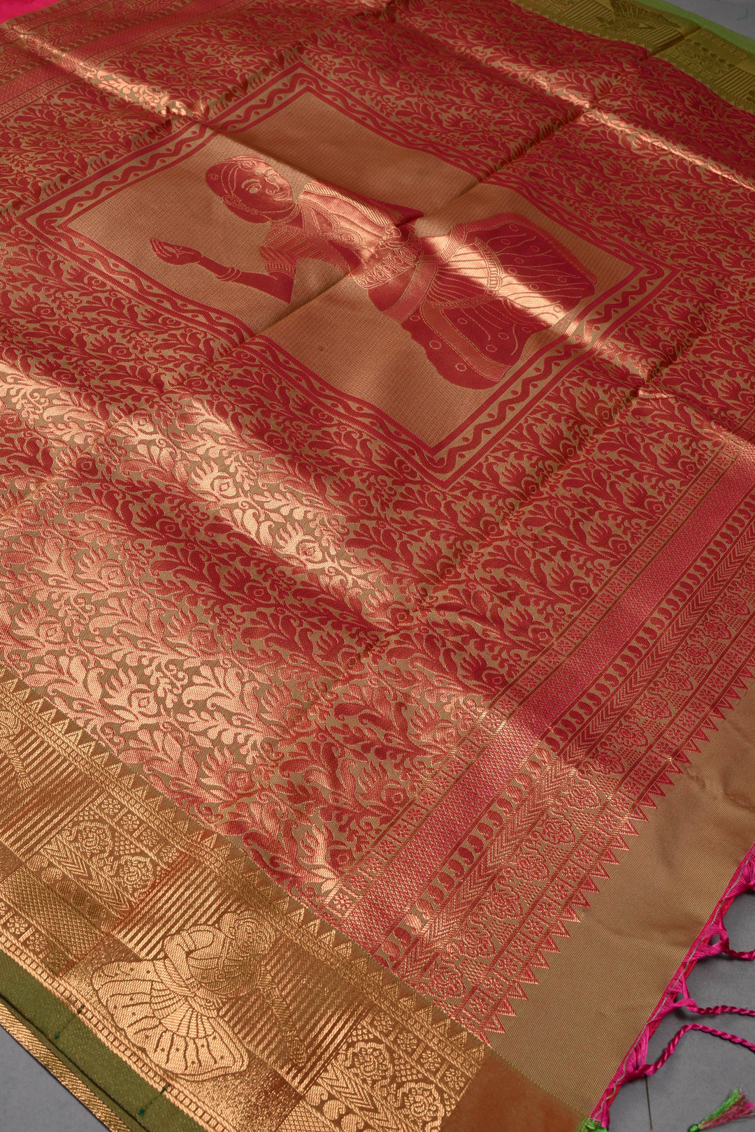 Hot Pink Kanchi Semi Silk Saree with Zari Buttas and Contrast Zari Border | SHOBITAM