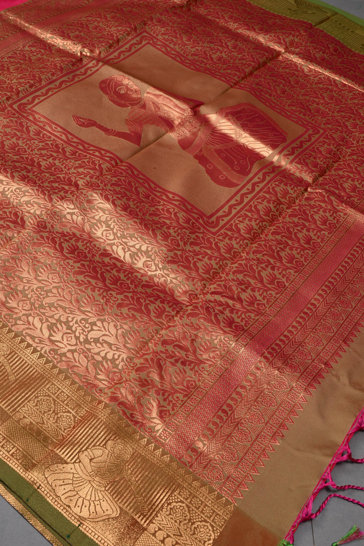 Hot Pink Kanchi Semi Silk Saree with Zari Buttas and Contrast Zari Border | SHOBITAM