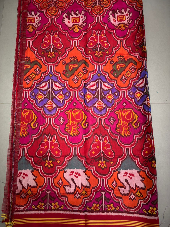 Dupatta : Twill Weave Authentic Single  Ikkat Patan Patola Handwoven Pure Silk Duptatta in Multicolor with Rangkat Style Twill Design | SILK MARK CERTIFIED | SHOBITAM
