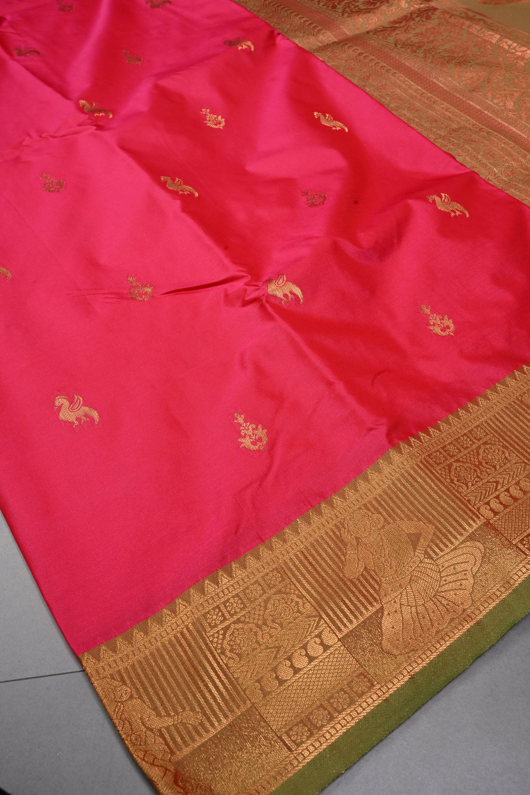 Hot Pink Kanchi Semi Silk Saree with Zari Buttas and Contrast Zari Border | SHOBITAM