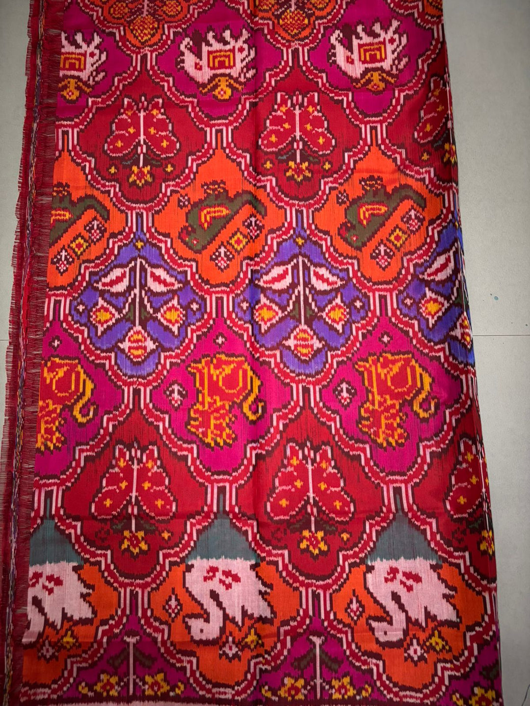 Dupatta : Twill Weave Authentic Single  Ikkat Patan Patola Handwoven Pure Silk Duptatta in Multicolor with Rangkat Style Twill Design | SILK MARK CERTIFIED | SHOBITAM