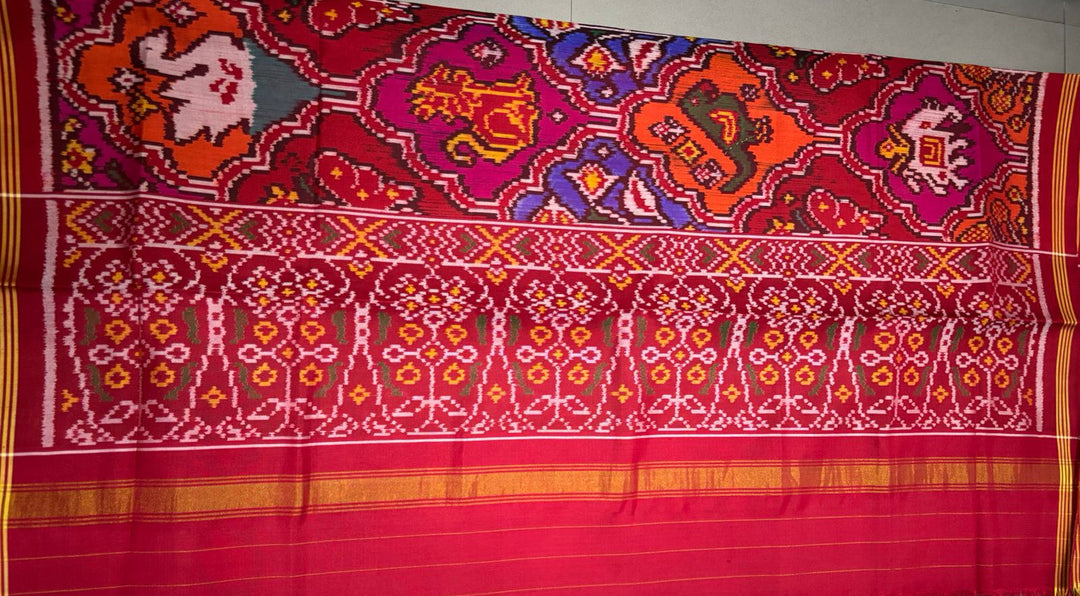 Dupatta : Twill Weave Authentic Single  Ikkat Patan Patola Handwoven Pure Silk Duptatta in Multicolor with Rangkat Style Twill Design | SILK MARK CERTIFIED | SHOBITAM